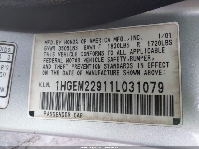 Продажа на аукционе авто 2001 Honda Civic Ex, vin: 1HGEM22911L031079, номер лота: 44115085