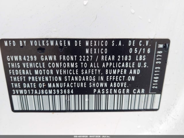 Продажа на аукционе авто 2016 Volkswagen Jetta 1.8t Sport, vin: 3VWD17AJ8GM393684, номер лота: 44115120