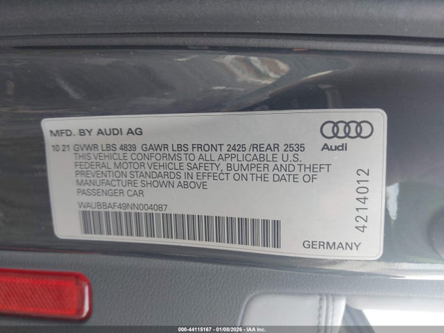 44115167 :رقم المزاد ، WAUBBAF49NN004087 vin ، 2022 Audi A4 Premium Plus 40 Tfsi Quattro S Tronic مزاد بيع