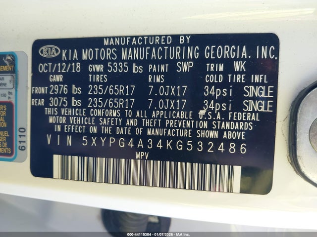 5XYPG4A34KG532486 KIA Sorento 2.4l Lx