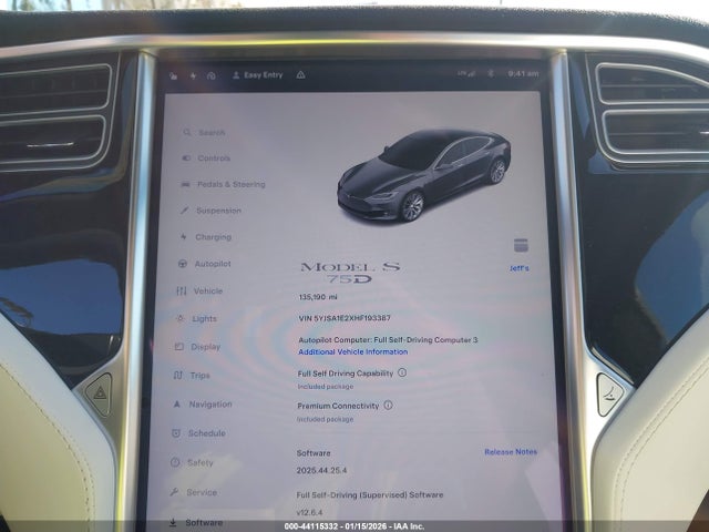 2017 Tesla Model S 100d/60d/75d/90d/p100d მანქანა იყიდება აუქციონზე, vin: 5YJSA1E2XHF193387, აუქციონის ნომერი: 44115332