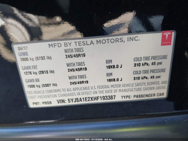 2017 Tesla Model S 100d/60d/75d/90d/p100d მანქანა იყიდება აუქციონზე, vin: 5YJSA1E2XHF193387, აუქციონის ნომერი: 44115332