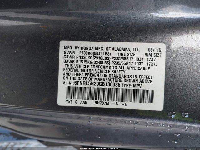5FNRL5H29GB130386 Honda ODYSSEY LX