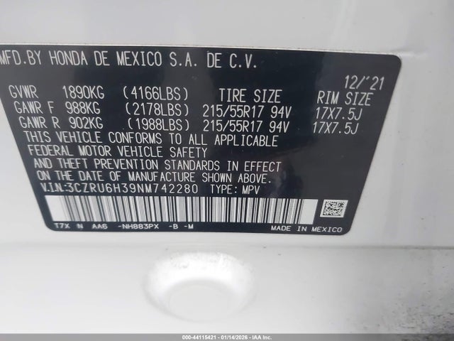 3CZRU6H39NM742280 Honda Hr-v Awd Lx