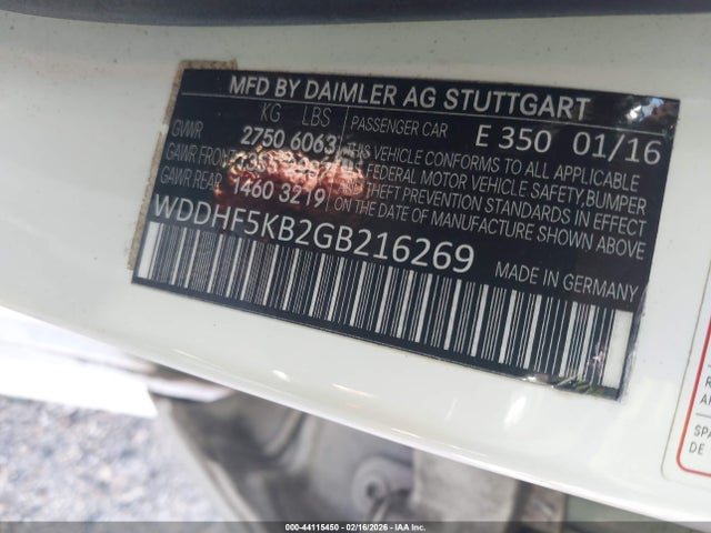 44115450 :رقم المزاد ، WDDHF5KB2GB216269 vin ، 2016 Mercedes-benz E 350 مزاد بيع