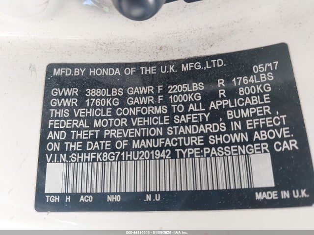 SHHFK8G71HU201942 Honda Civic Type R Touring