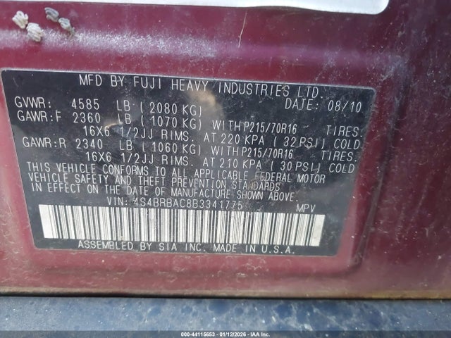 Продажа на аукционе авто 2011 Subaru Outback 2.5i, vin: 4S4BRBAC8B3341775, номер лота: 44115653