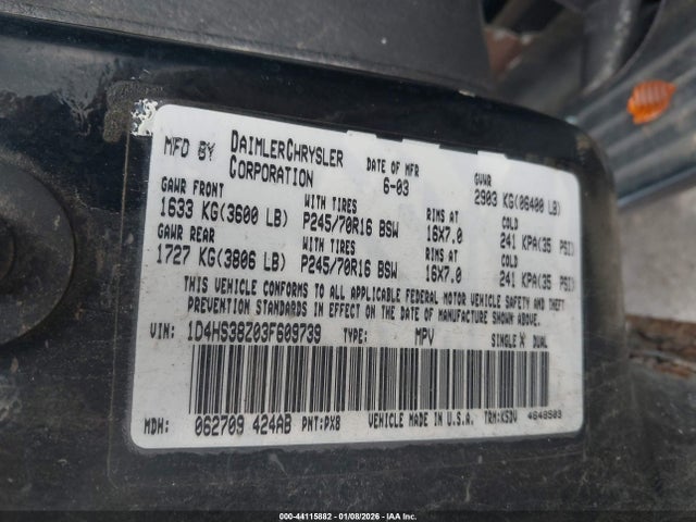 Продажа на аукционе авто 2003 Dodge Durango Sport/sxt, vin: 1D4HS38Z03F609739, номер лота: 44115882