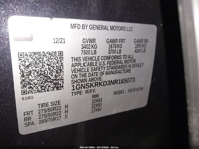 1GNSKRKD3NR165073 Chevrolet Tahoe 4wd Rst