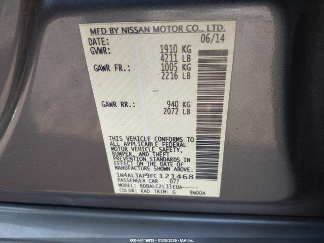 1N4AL3AP9FC121468 Nissan Altima 2.5/2.5 S/2.5 Sl/2.5 Sv
