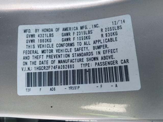 Honda ACCORD EX 2015 1HGCR2F74FA092690 Image 9