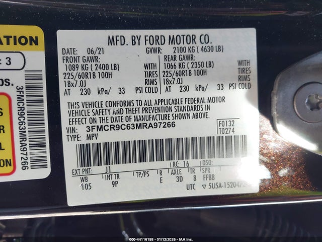 Продажа на аукционе авто 2021 Ford Bronco Sport Outer Banks, vin: 3FMCR9C63MRA97266, номер лота: 44116158