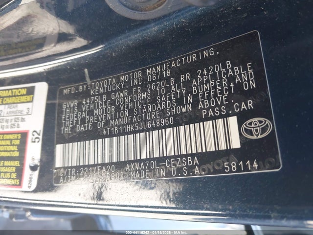 4T1B11HK5JU648960 Toyota CAMRY SE