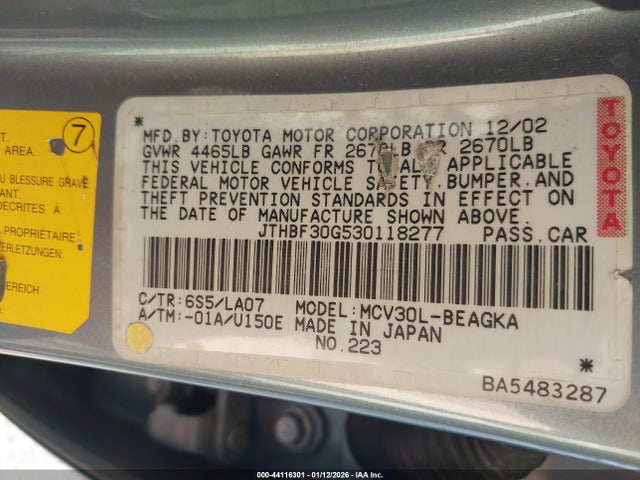 Продаж на аукціоні авто 2003 Lexus Es 300, vin: JTHBF30G530118277, номер лоту: 44116301