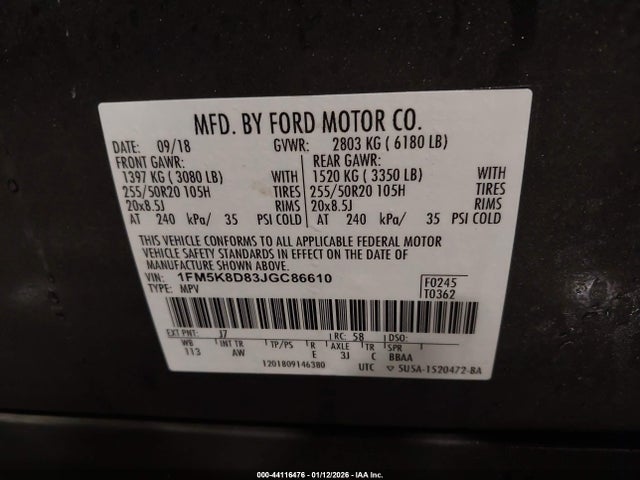 1FM5K8D83JGC86610 Ford EXPLORER XLT