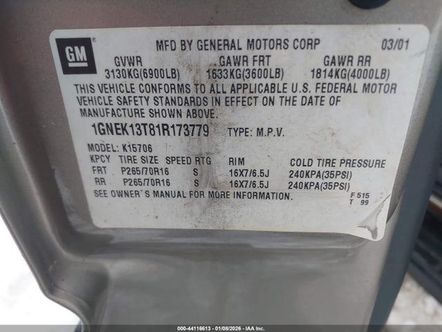 2001 CHEVROLET TAHOE 1GNEK13T81R173779 Photo 8