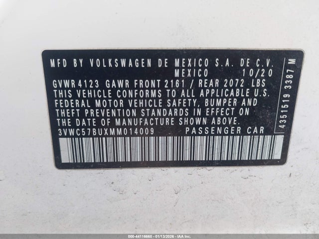 Продажа на аукционе авто 2021 Volkswagen Jetta 1.4t R-line/1.4t S/1.4t Se, vin: 3VWC57BUXMM014009, номер лота: 44116660