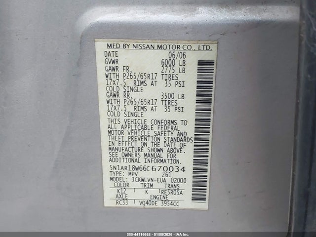 2006 NISSAN PATHFINDER 5N1AR18W66C670034 Photo 8
