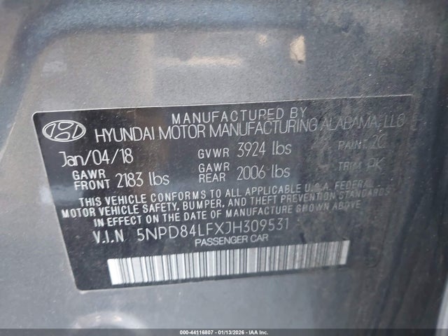 5NPD84LFXJH309531 Hyundai ELANTRA SEL