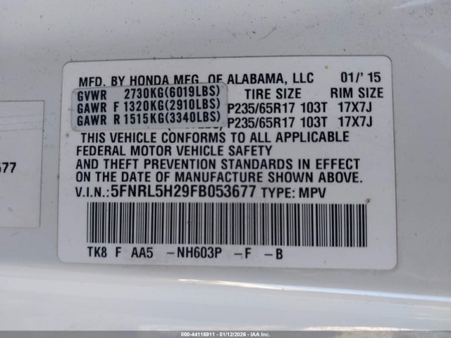 5FNRL5H29FB053677 Honda ODYSSEY LX