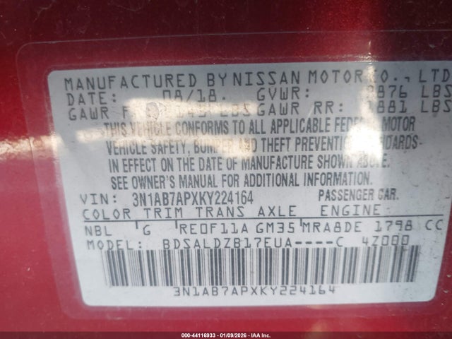 3N1AB7APXKY224164 Nissan SENTRA SV