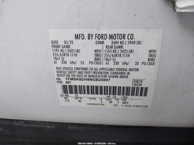 Продаж на аукціоні авто 2022 Ford Explorer Xlt, vin: 1FMSK8DH8NGB20897, номер лоту: 44116945