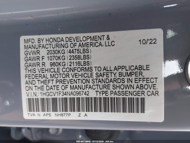 1HGCV1F34NA096742 Honda Accord Sport