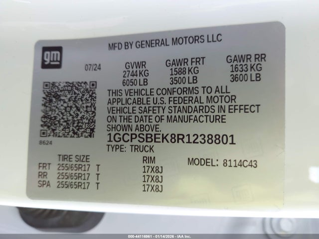 Aukcja sprzedaży 2024 Chevrolet Colorado 2wd Wt, vin: 1GCPSBEK8R1238801, numer aukcji: 44116961
