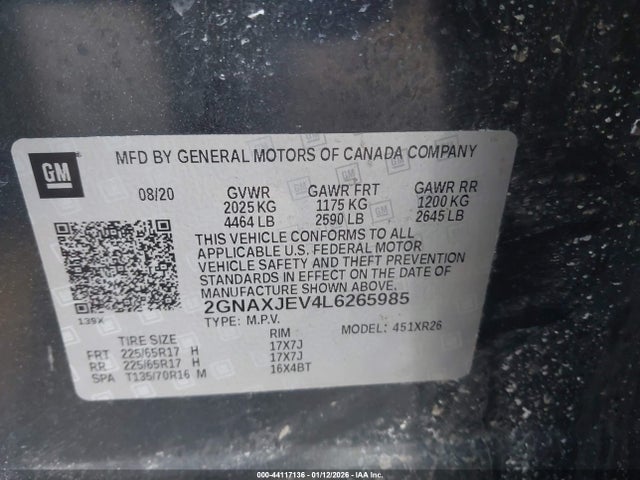 Продаж на аукціоні авто 2020 Chevrolet Equinox Fwd 2fl, vin: 2GNAXJEV4L6265985, номер лоту: 44117136