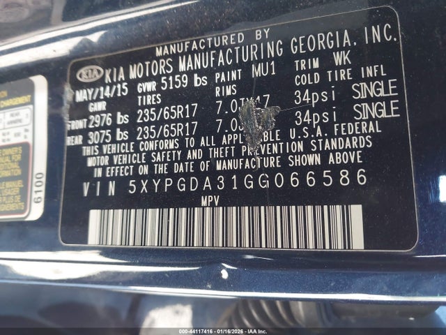 5XYPGDA31GG066586 KIA Sorento 2.4l Lx