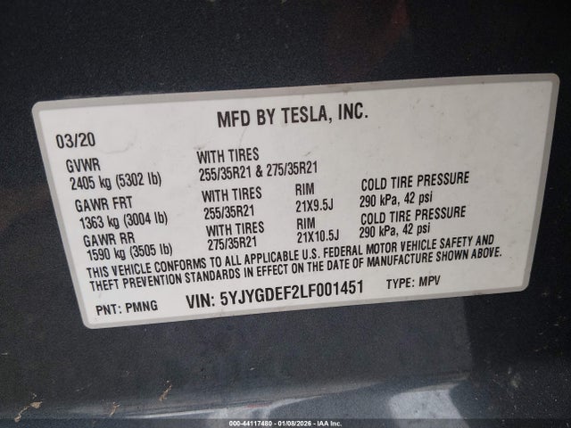 Продаж на аукціоні авто 2020 Tesla Model Y Long Range Dual Motor All-wheel Drive/performance Dual Motor All-wheel Drive, vin: 5YJYGDEF2LF001451, номер лоту: 44117480