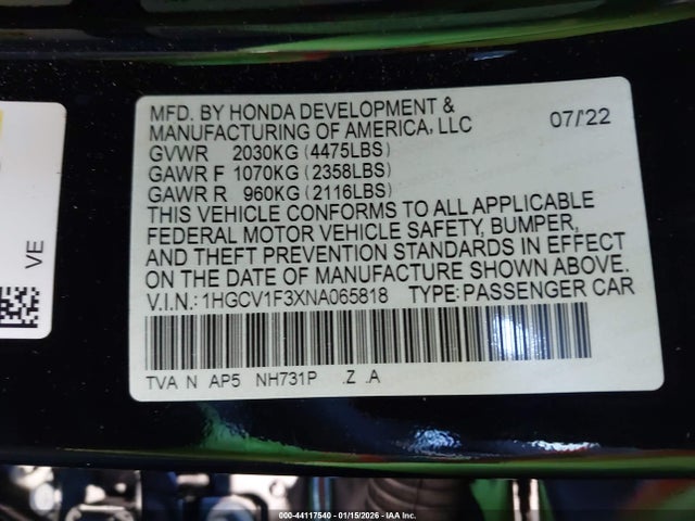 1HGCV1F3XNA065818 Honda Accord Sport