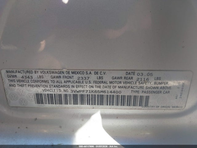 44117696 :رقم المزاد ، 3VWPF71K65M614400 vin ، 2005 Volkswagen Jetta Value Edition مزاد بيع