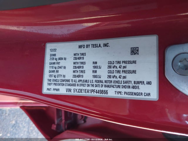 Aukcja sprzedaży 2023 Tesla Model 3 Rear-wheel Drive, vin: 5YJ3E1EA1PF449866, numer aukcji: 44117705