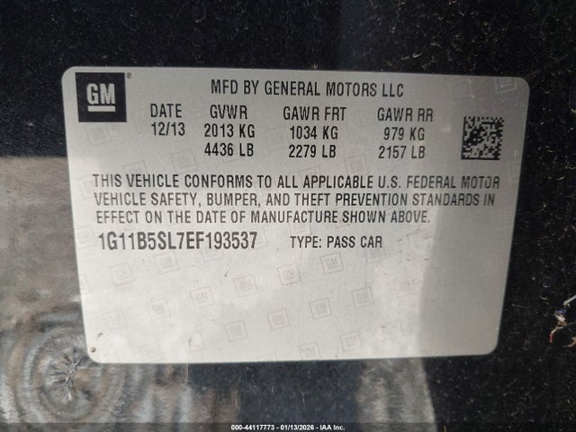 44117773 :رقم المزاد ، 1G11B5SL7EF193537 vin ، 2014 Chevrolet Malibu 1ls مزاد بيع