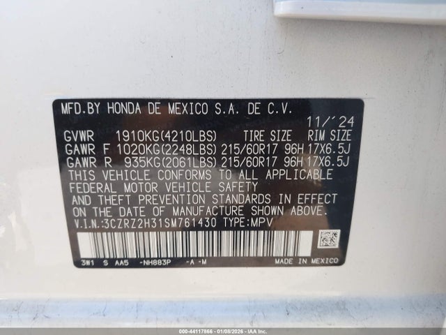 3CZRZ2H31SM761430 Honda Hr-v Awd Lx