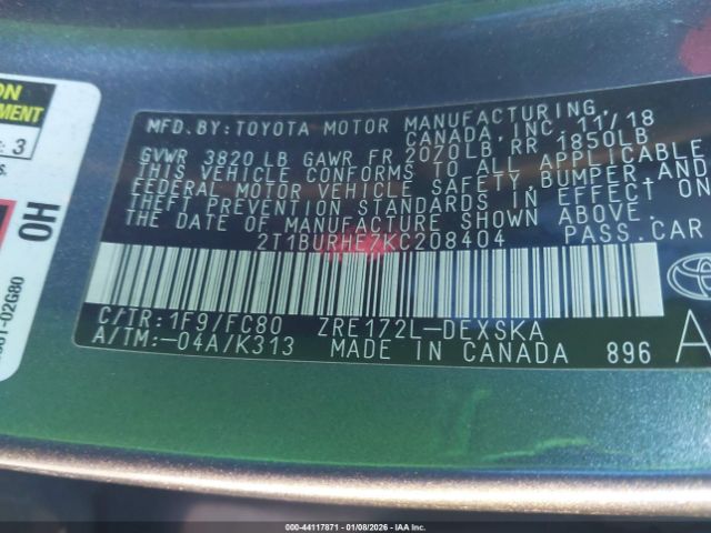 2019 TOYOTA COROLLA 2T1BURHE7KC208404 Photo 8