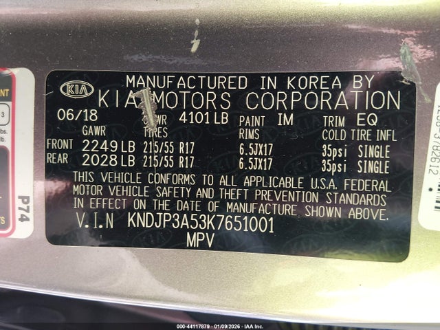 44117879 :رقم المزاد ، KNDJP3A53K7651001 vin ، 2019 Kia Soul + مزاد بيع