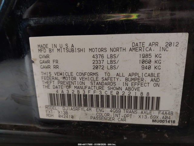 2012 MITSUBISHI GALANT 4A32B3FF3CE022188 Photo 8