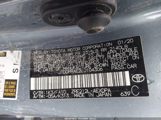 2020 Toyota Corolla L მანქანა იყიდება აუქციონზე, vin: JTDDPRAE2LJ104306, აუქციონის ნომერი: 44118012