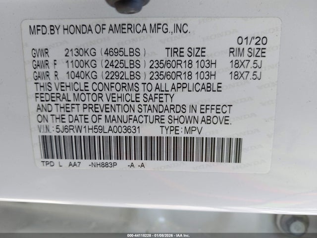5J6RW1H59LA003631 Honda Cr-v 2wd Ex