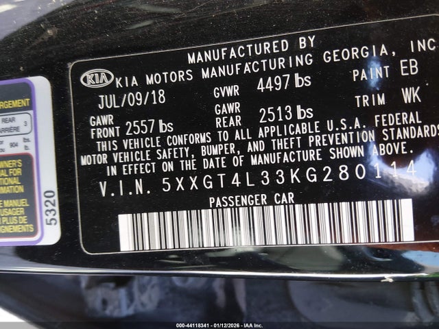 Aukcja sprzedaży 2019 Kia Optima S, vin: 5XXGT4L33KG280114, numer aukcji: 44118341