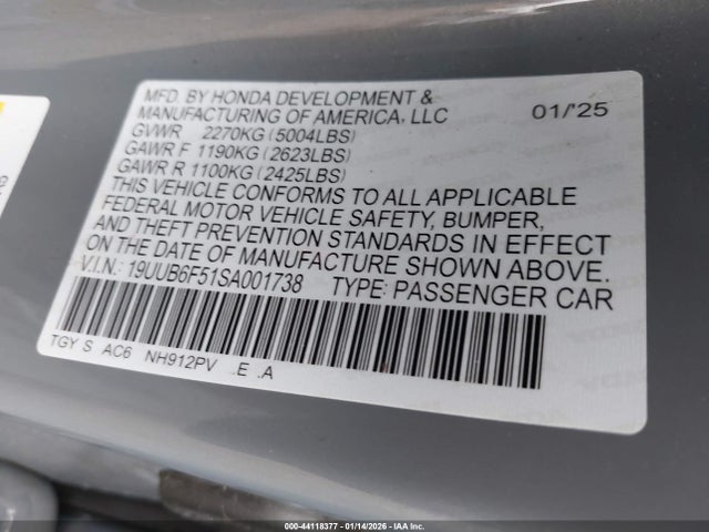 44118377 :رقم المزاد ، 19UUB6F51SA001738 vin ، 2025 Acura Tlx A-spec Package مزاد بيع