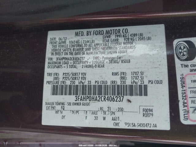44118380 :رقم المزاد ، 3FAHP0HA2CR406237 vin ، 2012 Ford Fusion Se مزاد بيع