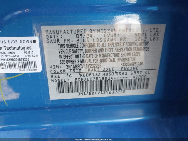 2025 Nissan Sentra Sv მანქანა იყიდება აუქციონზე, vin: 3N1AB8CV1SY232252, აუქციონის ნომერი: 44118449