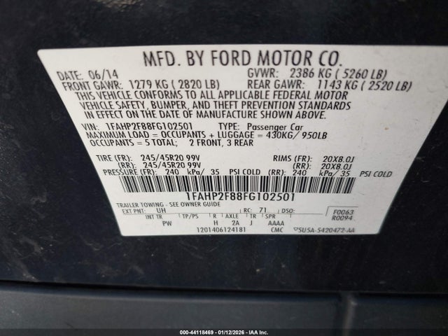 Ford Taurus Limited 2015 1FAHP2F88FG102501 Image 9