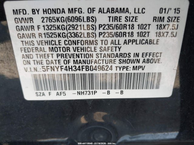 2015 HONDA PILOT 5FNYF4H34FB049624 Photo 8