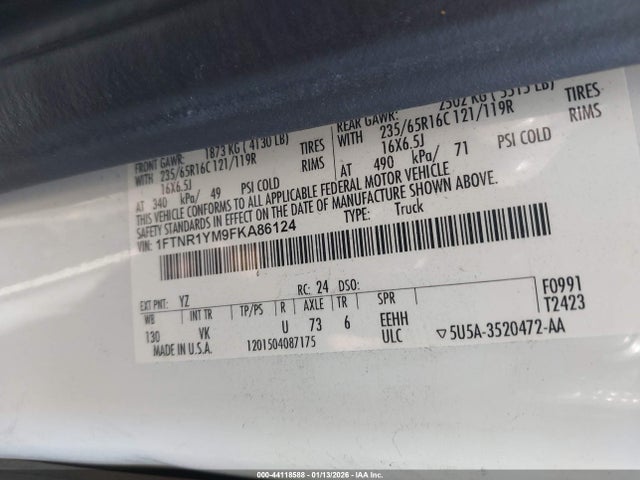 44118588 :رقم المزاد ، 1FTNR1YM9FKA86124 vin ، 2015 Ford Transit-250 مزاد بيع