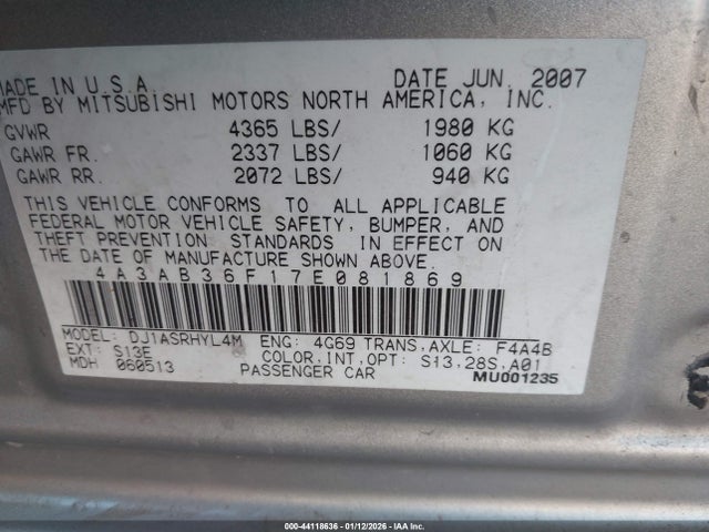 2007 MITSUBISHI GALANT 4A3AB36F17E081869 Photo 8