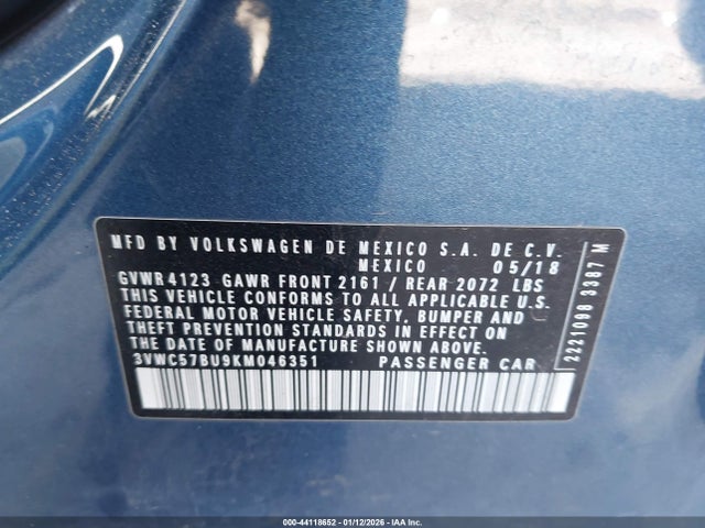 Продажа на аукционе авто 2019 Volkswagen Jetta 1.4t R-line/1.4t S/1.4t Se, vin: 3VWC57BU9KM046351, номер лота: 44118652